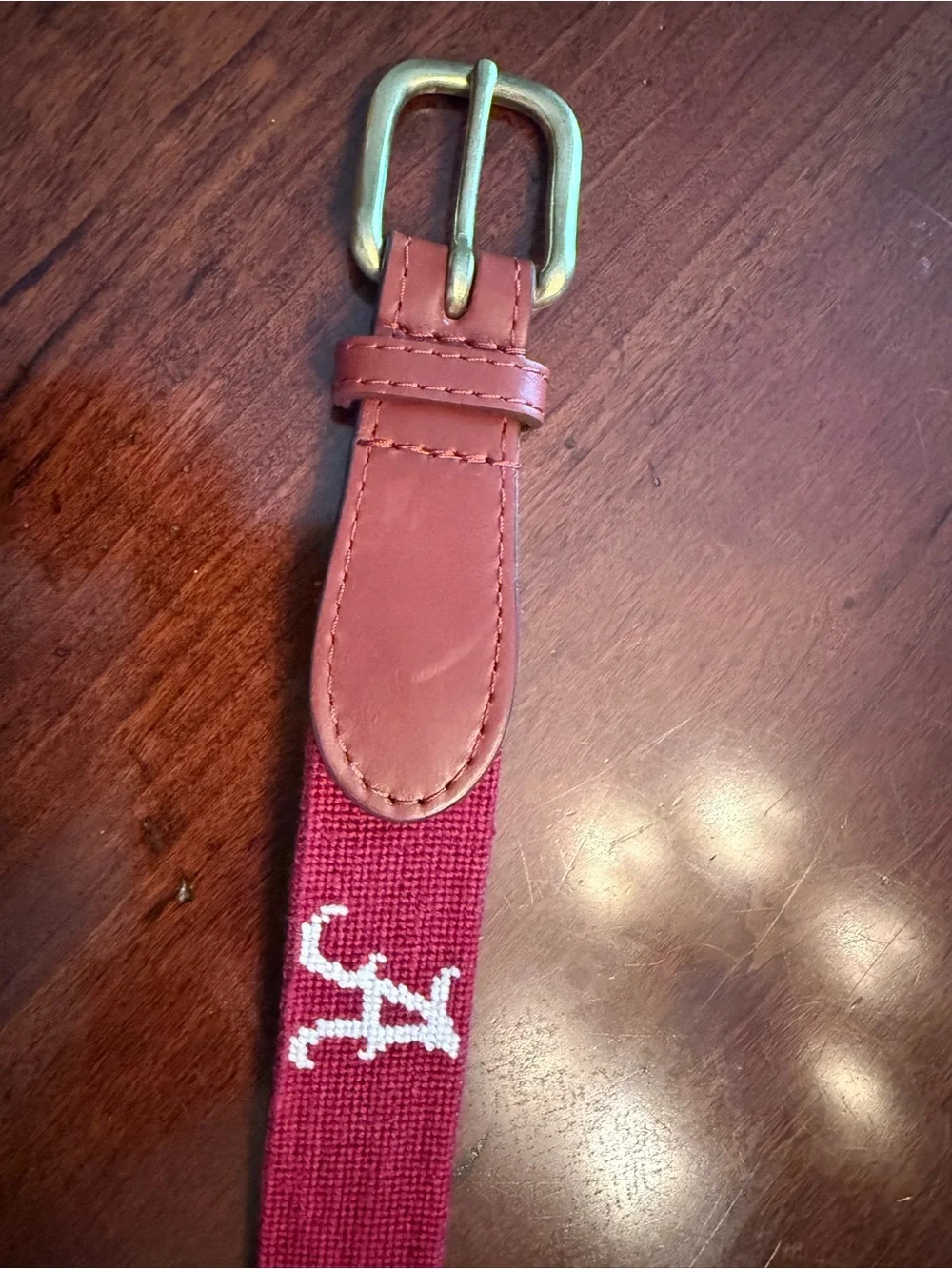 Smathers & Branson Crimson Needlepoint 'A' Alabama Belt with Leather